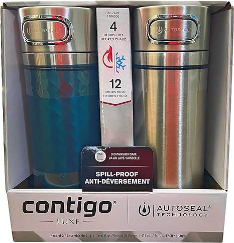 Contigo Luxe Travel Mugs - Two Pack - Dark Teal and Stainless Steel