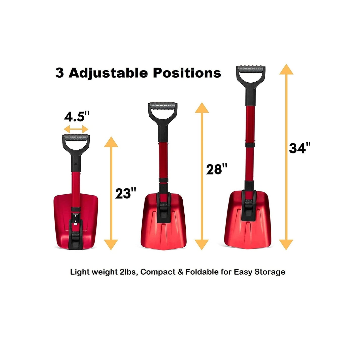 BIRDROCK HOME Folding Emergency Snow Shovel - Compact Tool for Winter Survival, Car, Snowmobiles, ATV - Lightweight Collapsible Gear for Skiing, Camping, Mud, Avalanche, Sand, Adventure - 34”, 2 Pack