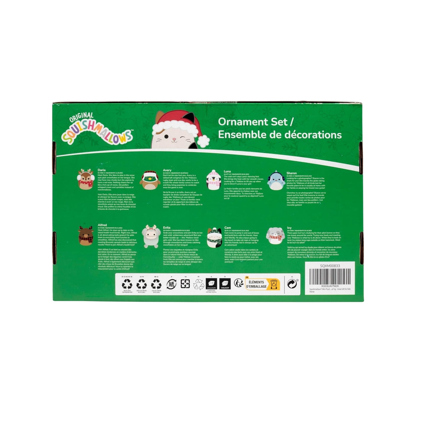 Squishmallows 4" Mini Plush Christmas Ornaments 8-Pack (Green Box Red Band)