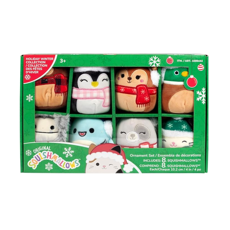 Squishmallows 4" Mini Plush Christmas Ornaments 8-Pack (Green Box Red Band)